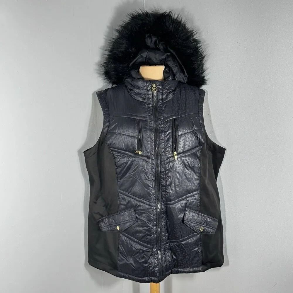 Michael Kors Sz 3XL Puffer Vest Faux Fur Detachable Hood Black Gold Hardware